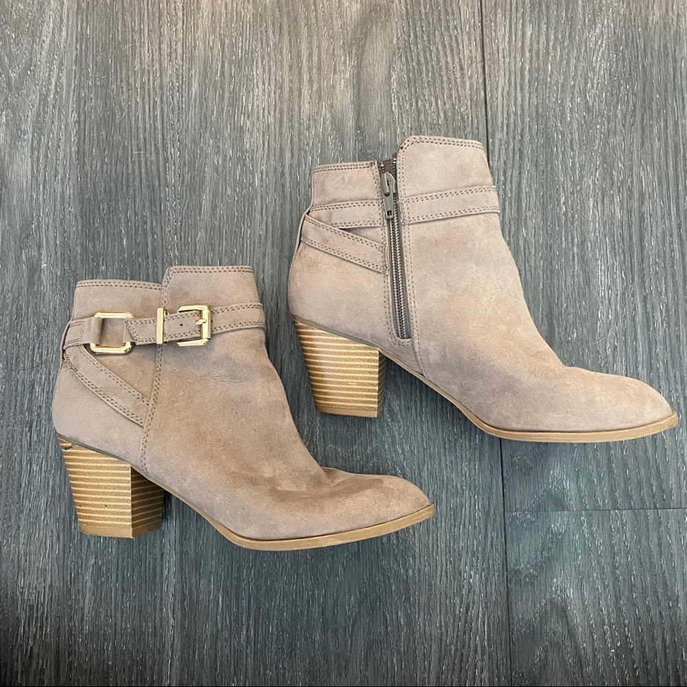 Brown Suede Express Booties with Buckle Detail